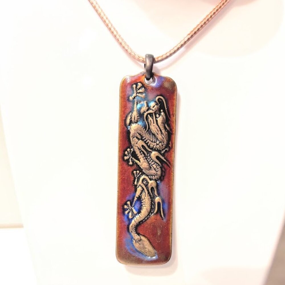 Vintage Brass Enamel Dragon Pendant Necklace Descendant of the Dragon Amulet